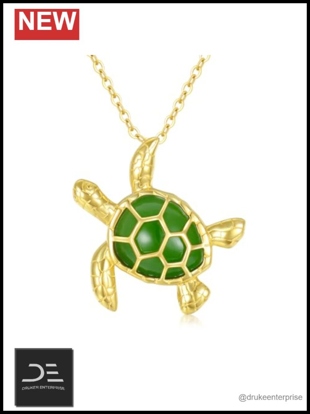 14k Solid Gold Sea Turtle Pendant Necklace with Genuine Jade 18 Inch